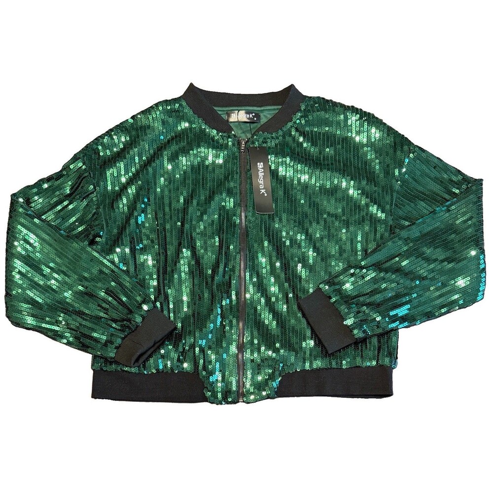 Allegra K Women's Medium Green Sequin Lined Short Zip-Up Jacket - New With Tags